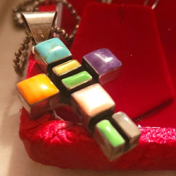 MEXICO RARE VINTAGE 925 STERLING SILVER INLAY CROSS WITH STERLING BALL CHAIN - Picture 2 of 6